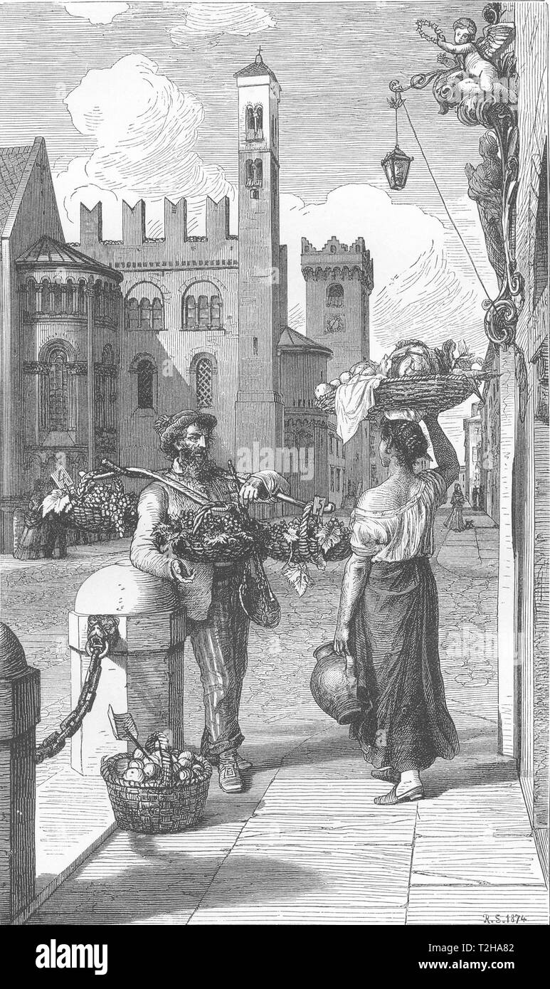 Italien. Trentino. Obst - Verkäufer in Trent 1877 alte antike Bild drucken Stockfoto