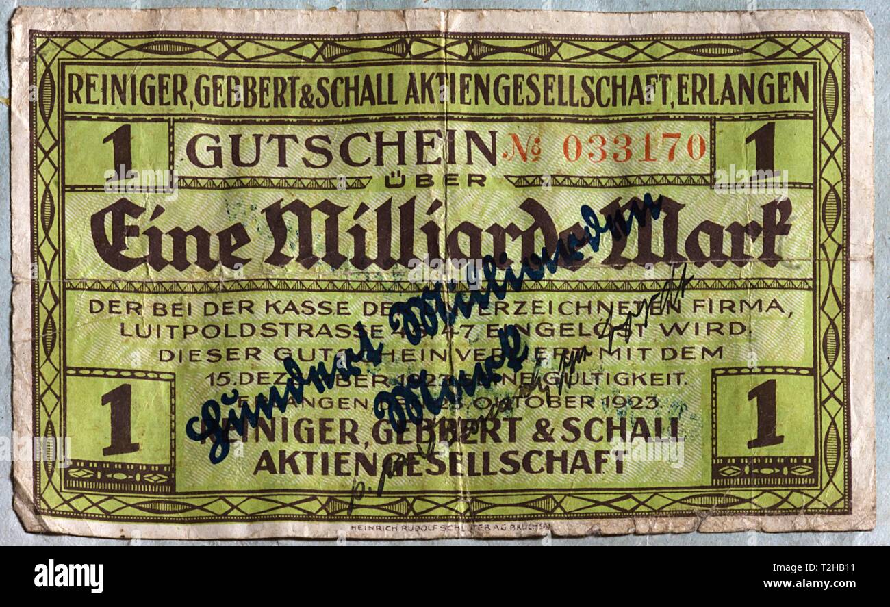 Austausch Banknote, 1 Milliarden DM, nächsten Tag Stempel hundert Milliarden, die Inflation 1923, Deutschland Stockfoto