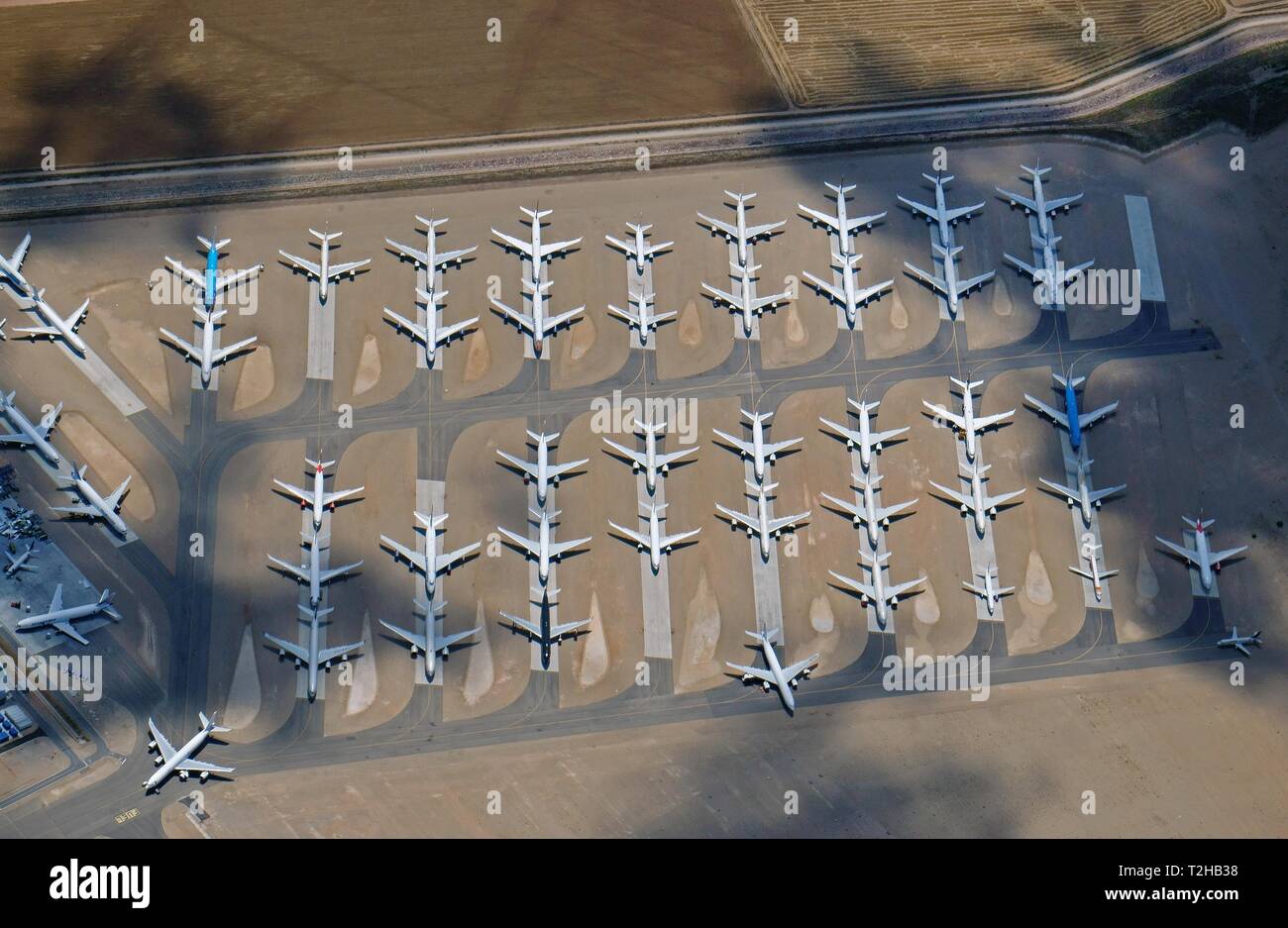 Flugzeuge am Flughafen geparkt, unbenutzte geplant Flugzeuge, Luftaufnahme, Teruel Flughafen, Aragon, Spanien Stockfoto