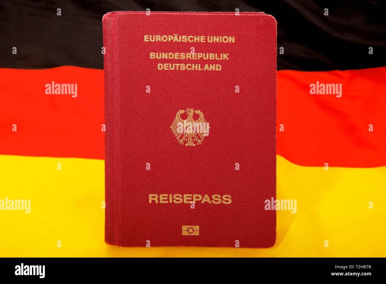 Biometrischer Reisepass der Bundesrepublik Deutschland, der Europäischen Union, Schwarz-Rot-Goldenen deutschen Nationalflagge hinter, Deutschland Stockfoto