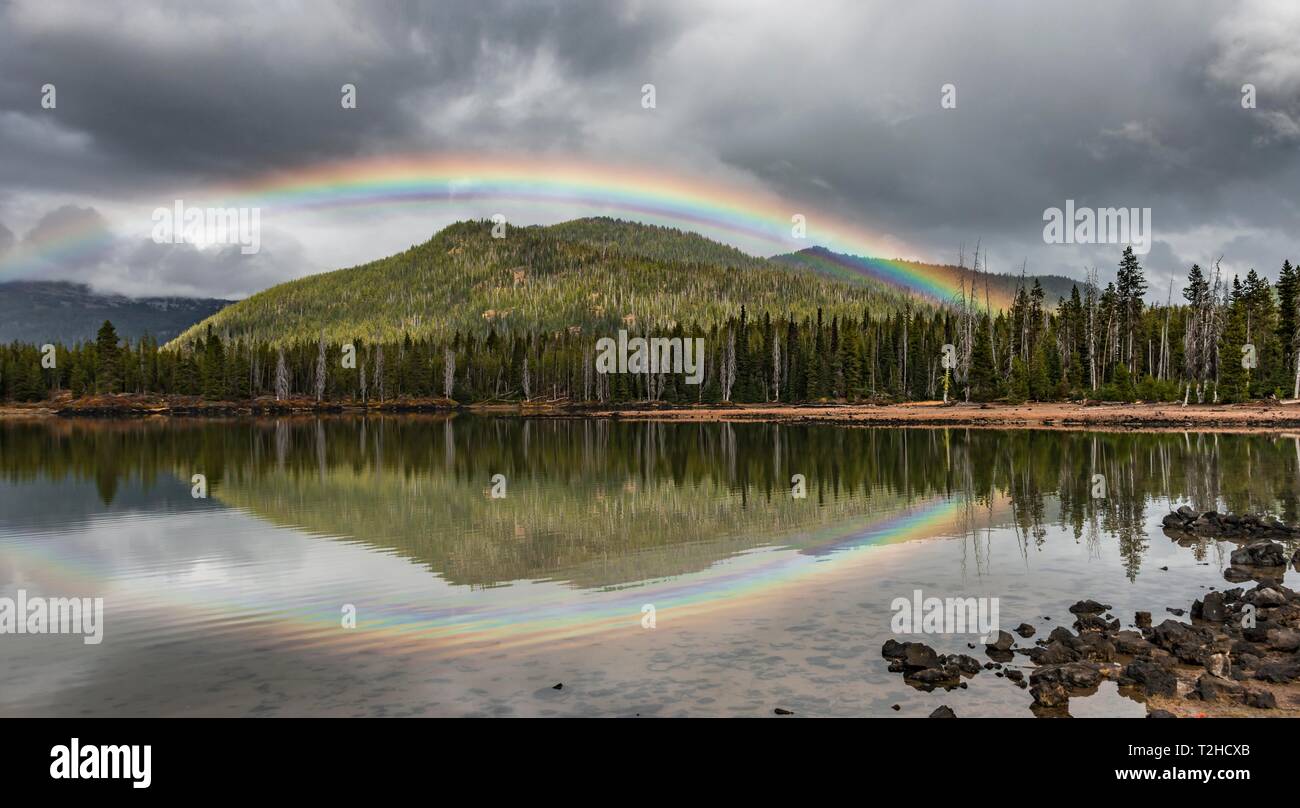 Regenbogen in dunkle Wolken über einem Wald, in den Funken Lake, Oregon, USA wider Stockfoto