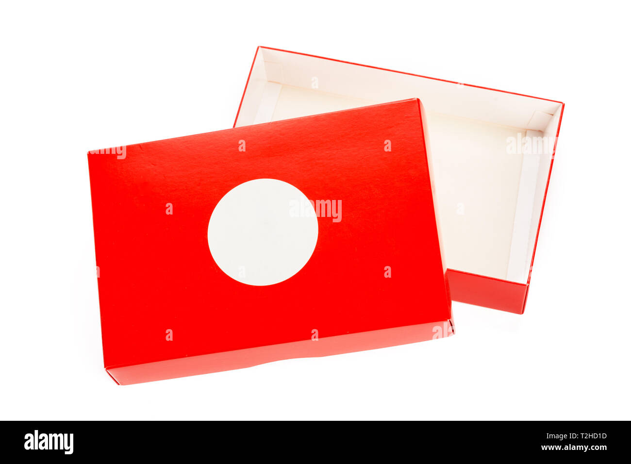 Öffnen Red Shoe Box isoliert auf weißem Stockfoto
