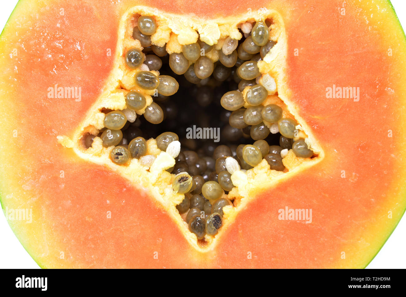 Green Papaya Draufsicht mit Samen und orange Fleisch Stockfoto