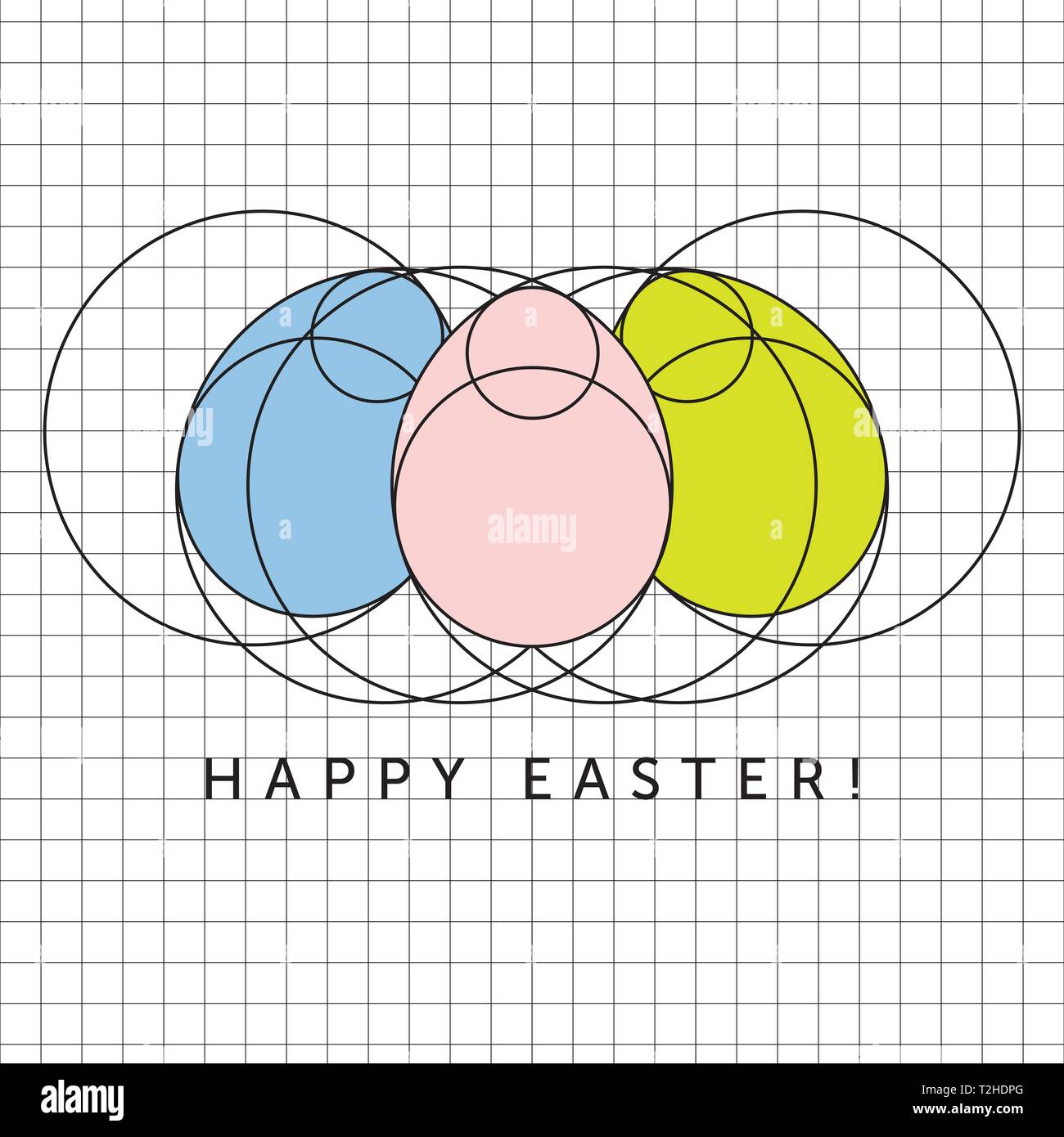 Minimalistische Frohe Ostern Eier Grüße Design. Form zeichnen von Ei. Pastellfarben auf Millimeterpapier Stock Vektor