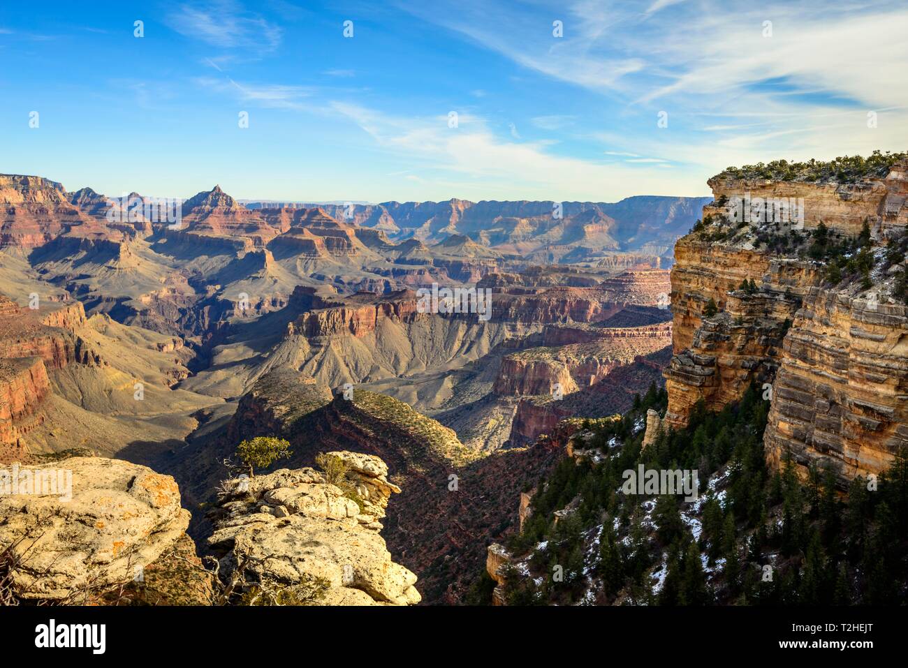 Canyon Landschaft, Schlucht des Grand Canyon, Ansicht von Mather Point, erodierten Felsformationen, South Rim, Grand Canyon National Park, Arizona, USA Stockfoto