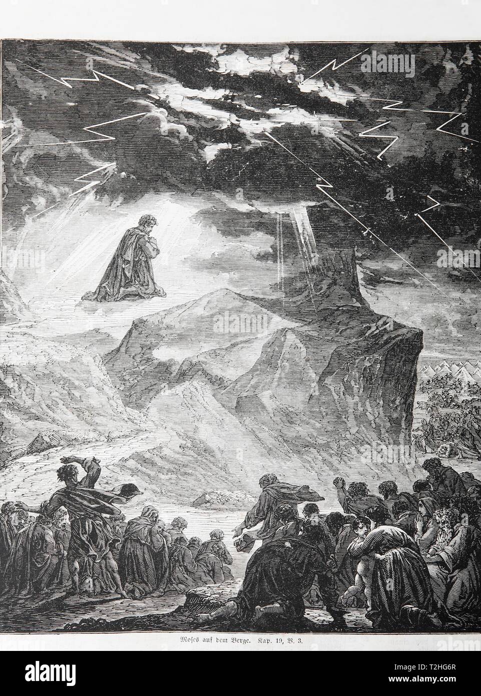 Mose auf dem Berg, historische Abbildung in eine alte Bibel, Altes Testament, der Heiligen Schrift, Deutschland Stockfoto