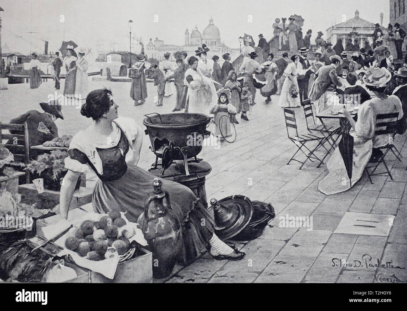 Markt und Street Cafe auf der Riva degli Schiavoni in Venedig, 1899, historische Darstellung, Italien Stockfoto