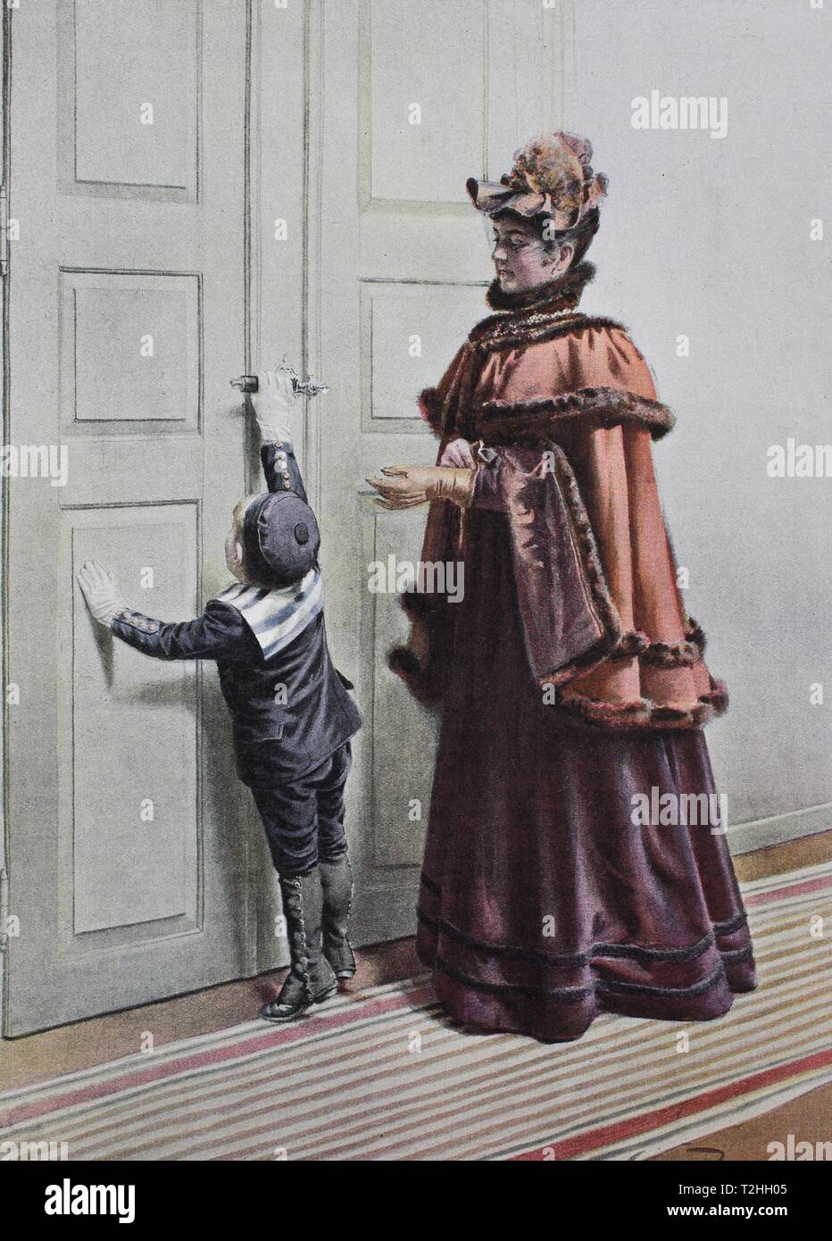 Frau und kleinen Jungen stehen vor der Tür, der Junge, der versucht, die Jack, 1895 zu erreichen, historische Darstellung, Deutschland Stockfoto