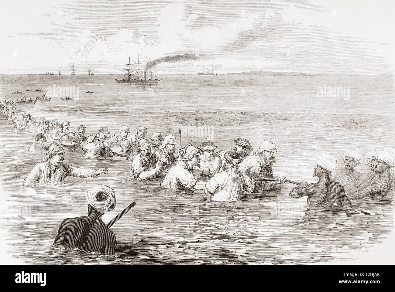 Die indoeuropäischen Telegraph, die Landung der Kabel in den Schlamm in der Fao, Persischer Golf. Von der Illustrated London News, veröffentlicht 1865. Stockfoto