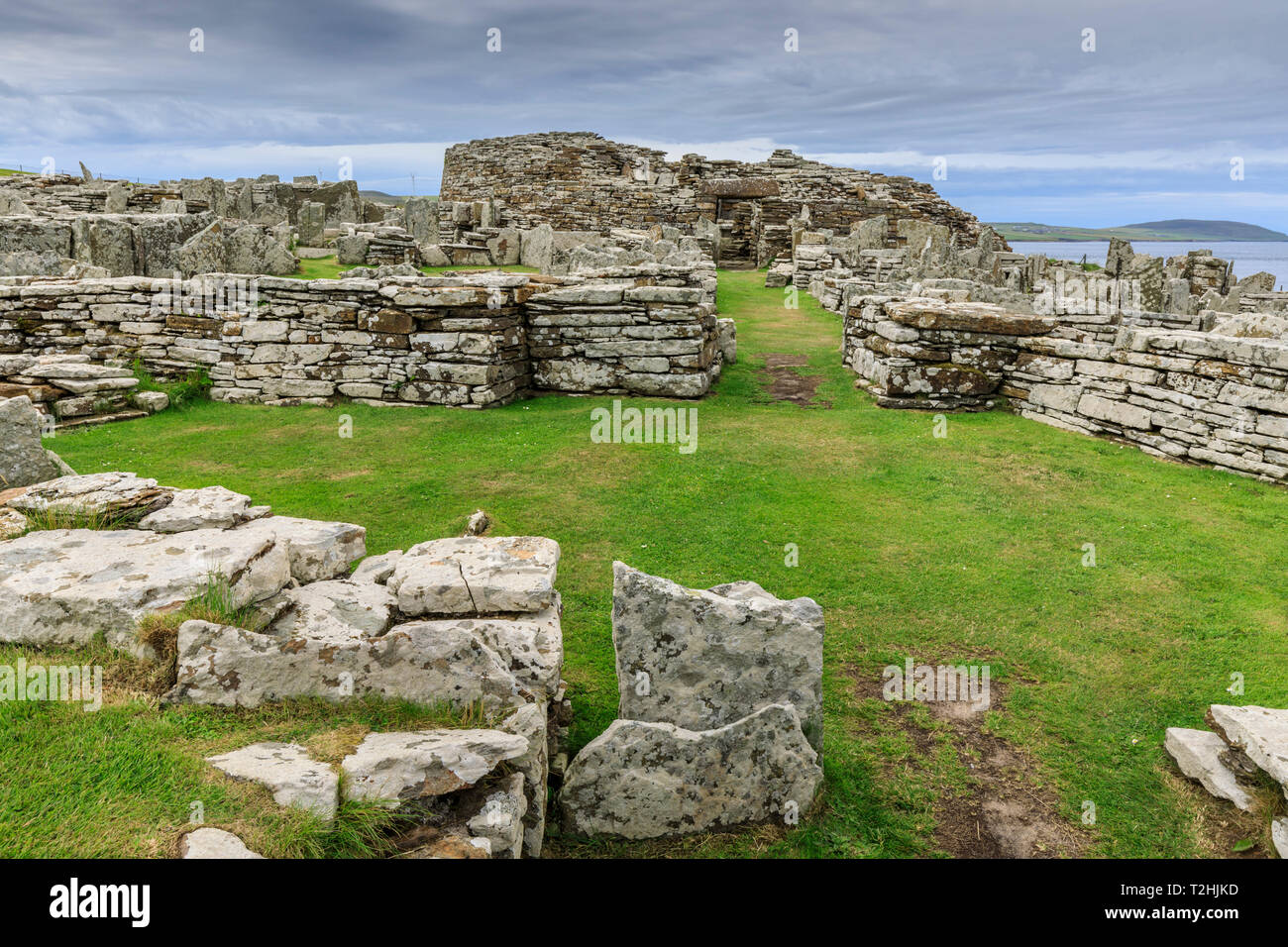 Broch von Gurness, Bügeleisen alter Komplex, prähistorische Siedlung, Eynhallow Sound, Orkney Inseln, Schottland, Großbritannien, Europa Stockfoto