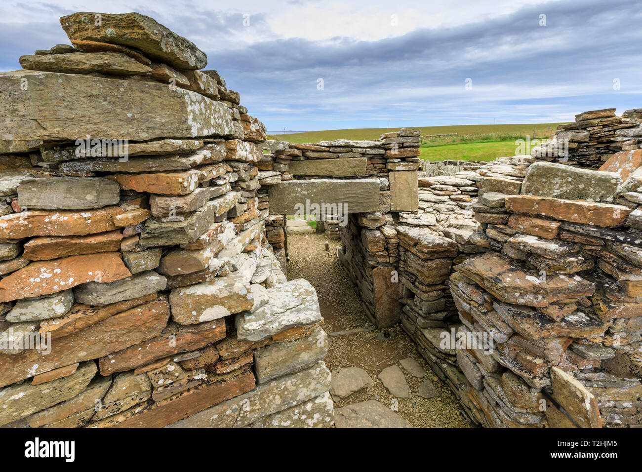 Broch von Gurness Innenraum, Eisenzeit Komplex, prähistorische Siedlung, Eynhallow Sound, Orkney Inseln, Schottland, Großbritannien, Europa Stockfoto