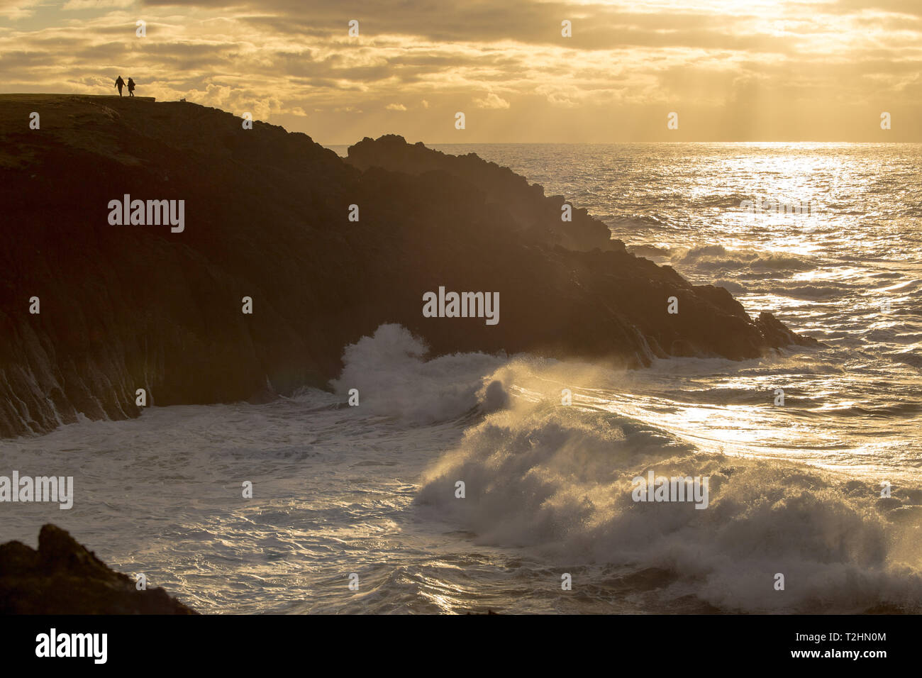 Ein paar genießen Sie den Blick auf den Sonnenuntergang und den brechenden Wellen, Newport, Oregon, Vereinigte Staaten von Amerika Stockfoto
