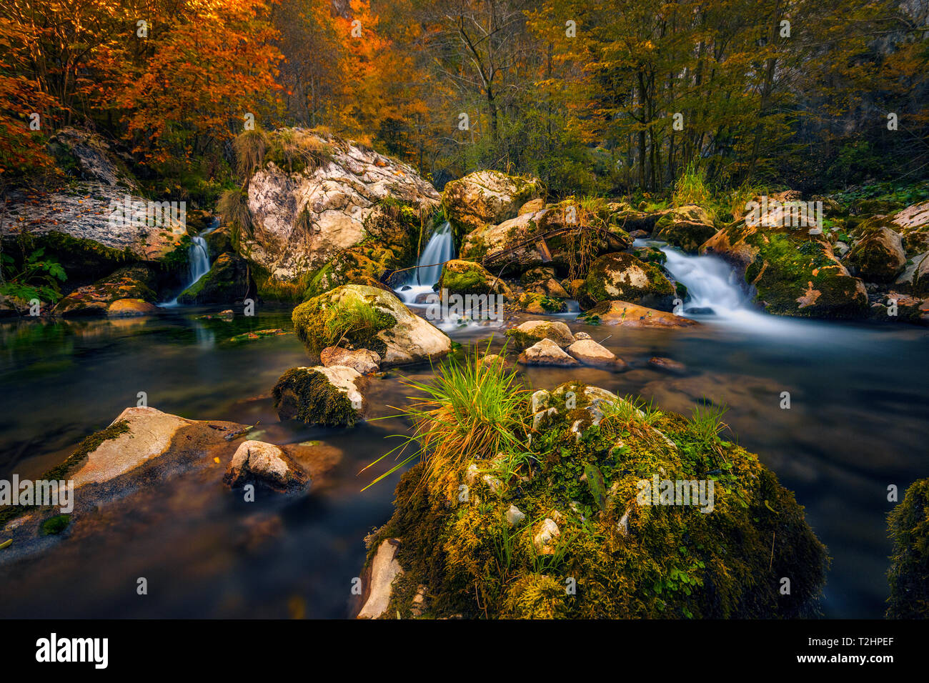 Herbst Szene mit einem Fluss fließt durch Felsen und Wald im Hintergrund Schuß in Rumänien Stockfoto