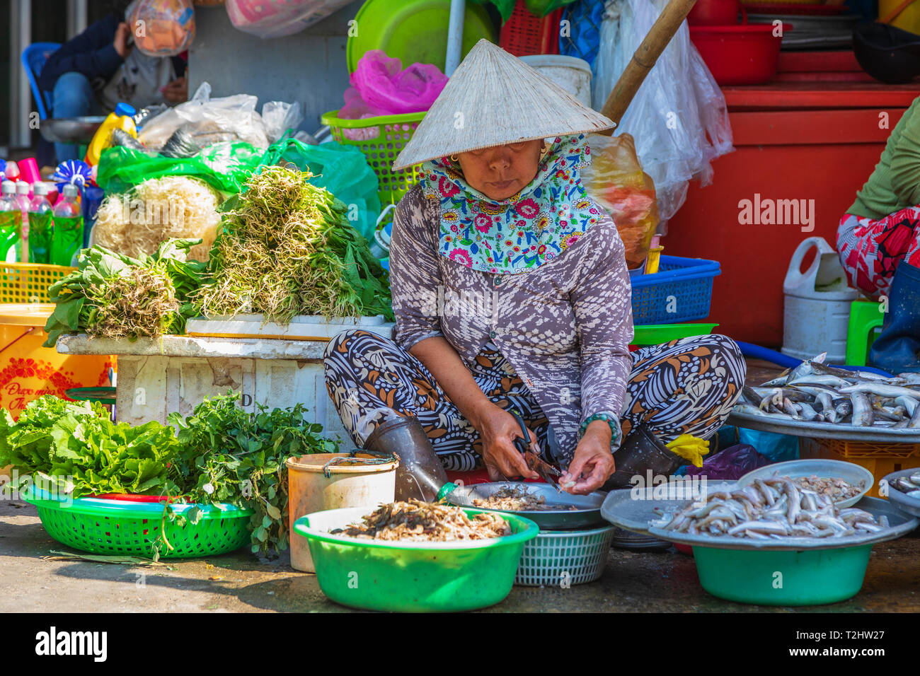 Vietnamesische Frau Verkauf von Fisch und Gemüse von einem pavemnt in der Straße Marktstand an Dinh Cau, Insel Phu Quoc, Vietnam, Asien Stockfoto
