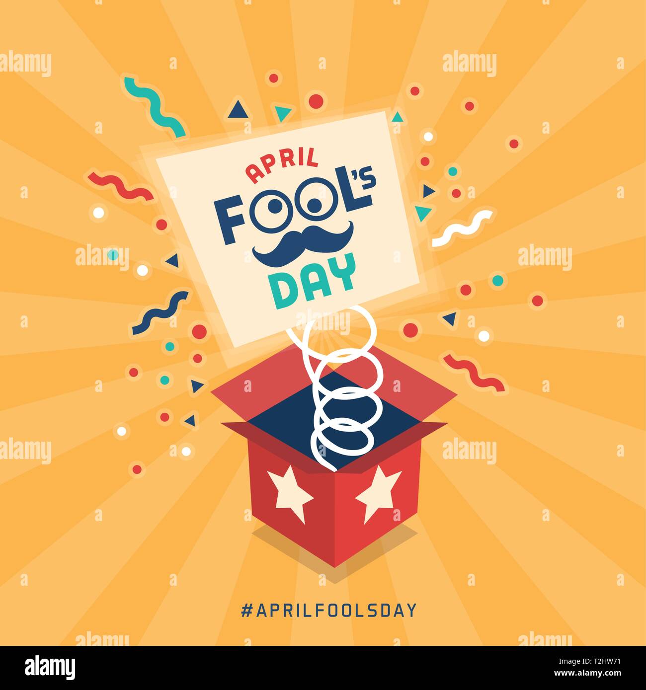 April Fool's Day Design mit explosiven Streich Box und Konfetti Stock Vektor