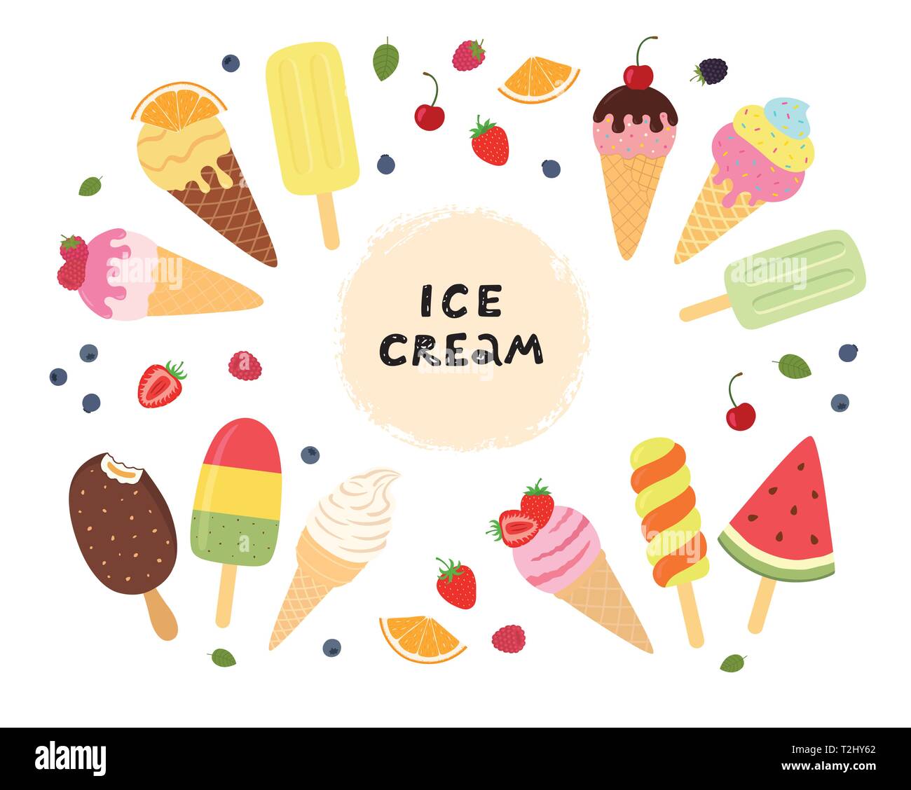 Satz von Eis mit Früchten und Beeren. Verschiedene Eis für Ihre Konstruktion. Vector Illustration auf weißem Hintergrund isoliert Stock Vektor