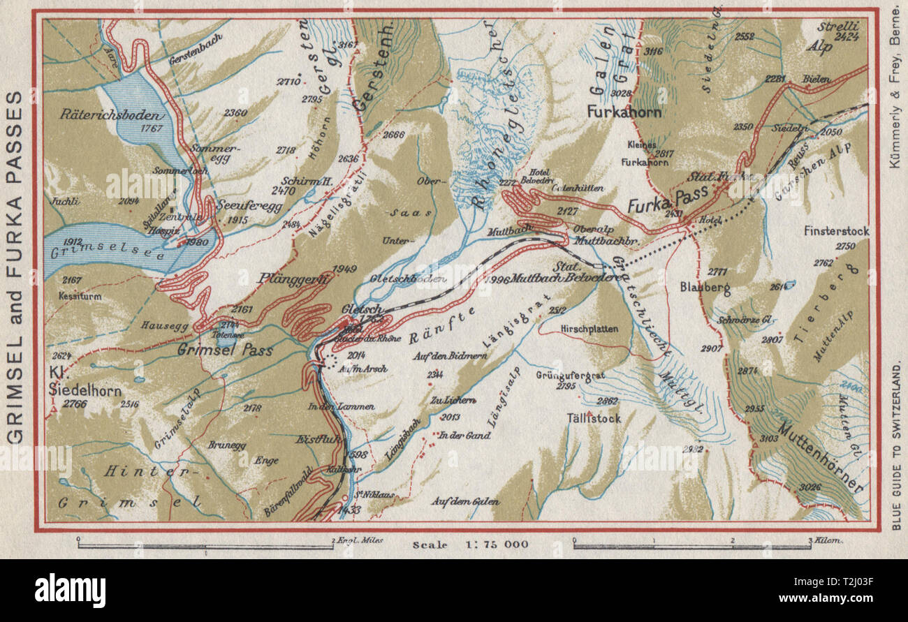 GRIMSEL und FURKA verläuft. Gletsch. Vintage Karte planen. Schweiz alte  1948 Stockfotografie - Alamy