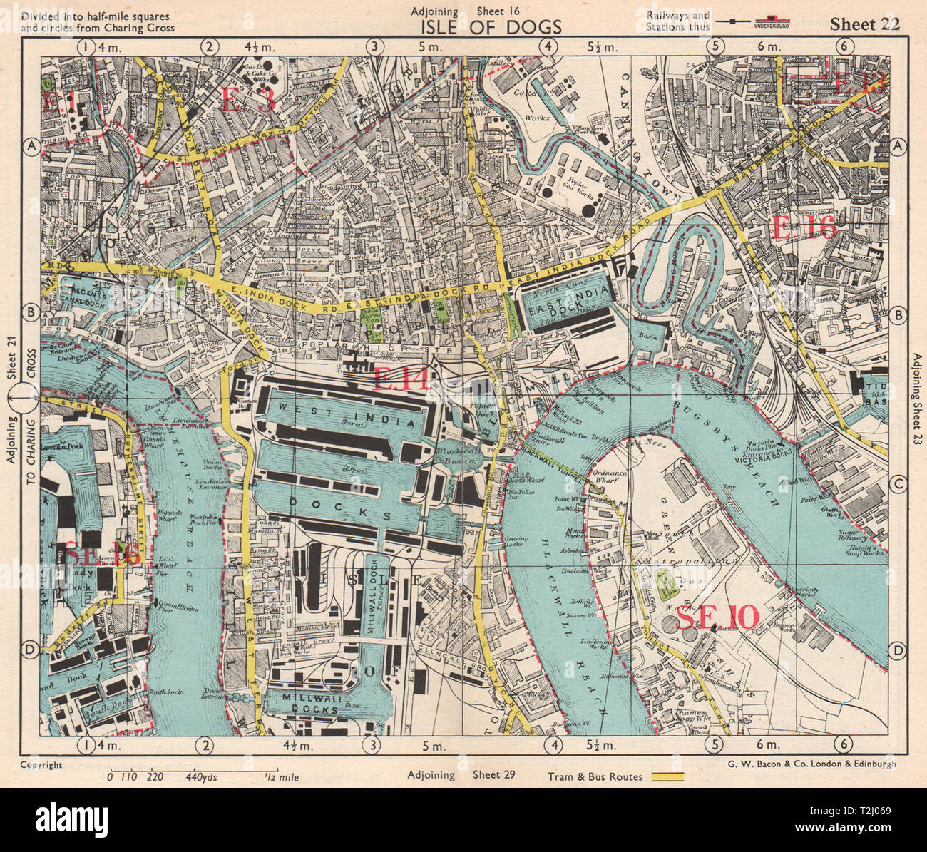 E LONDON Surrey Docks Isle of Dogs Canning Town Pappel Limehouse. Speck 1948 Karte Stockfoto