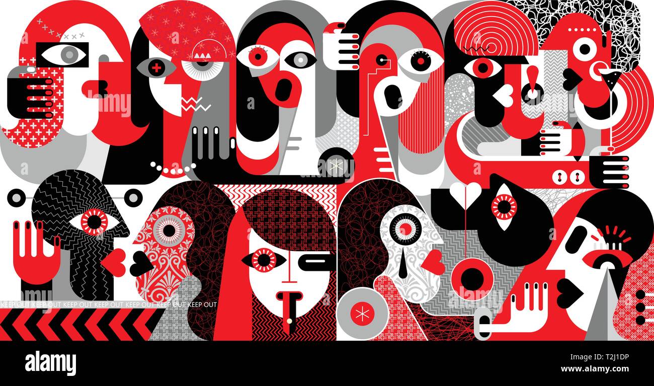 Große Gruppe von Menschen Moderne abstrakte Kunst Vector Illustration. Rot, Schwarz und Grau auf weißem Hintergrund. Stock Vektor