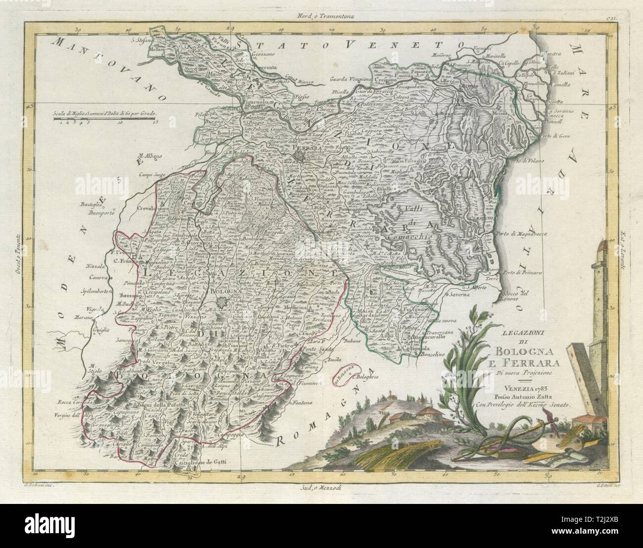 "Legazioni di Bologna e Ferrara', und ein Teil der Emilia-Romagna. ZATTA 1784 Karte Stockfoto