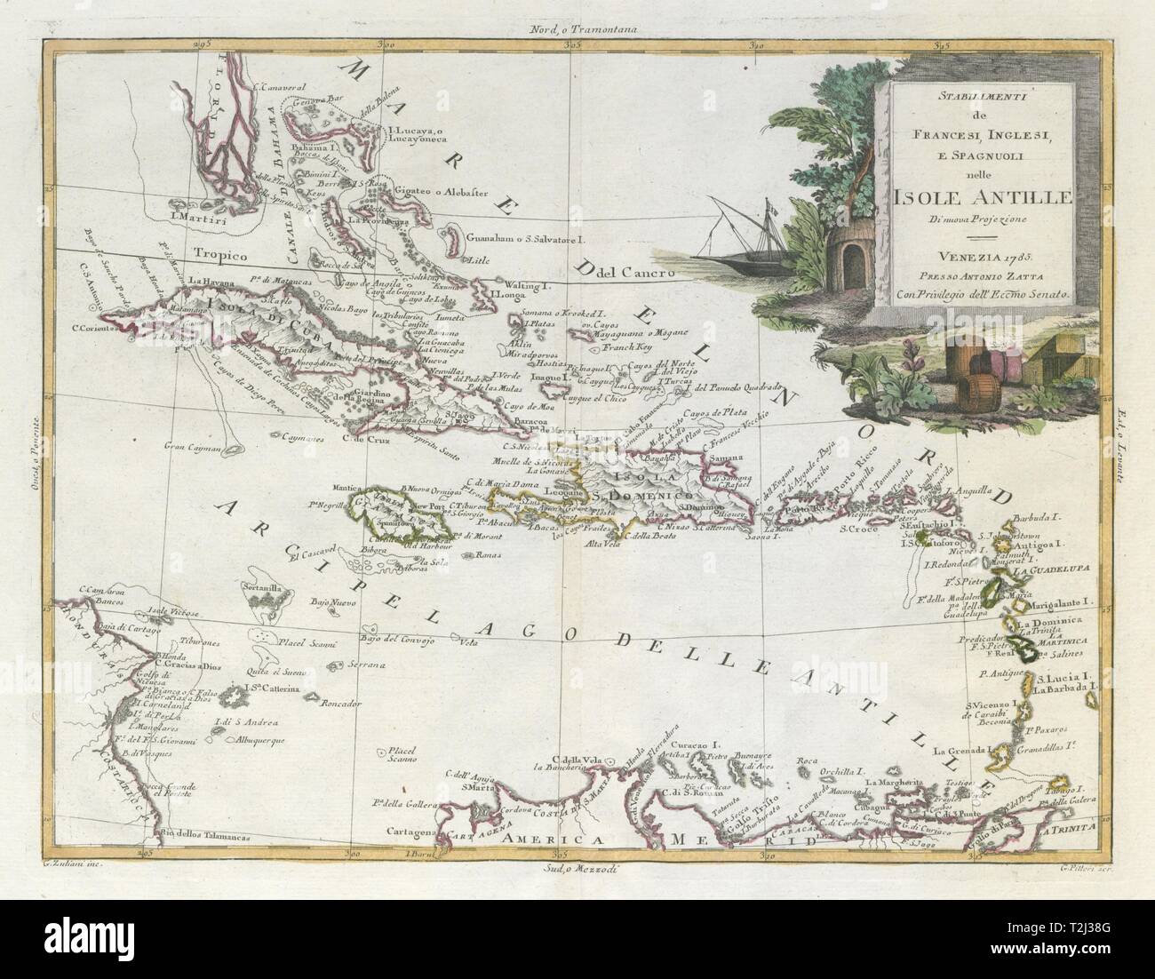 Der tabilimenti de Francesi, Inglesi… isole Antille'. Karibik. ZATTA 1785 Karte Stockfoto