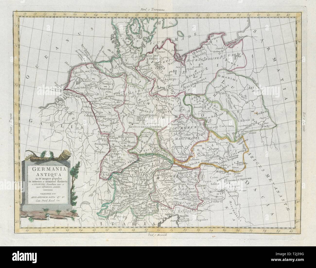 "Germania Antiqua …". Alte Deutschland gliedert sich in Stämmen. ZATTA 1785 alte Karte Stockfoto