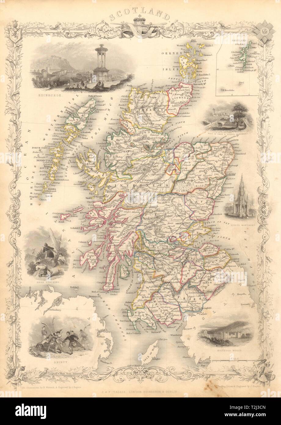 Schottland. Shinty & Edinburgh Holyrood Ansichten. In den Grafschaften. TALLIS & RAPKIN 1851 Karte Stockfoto