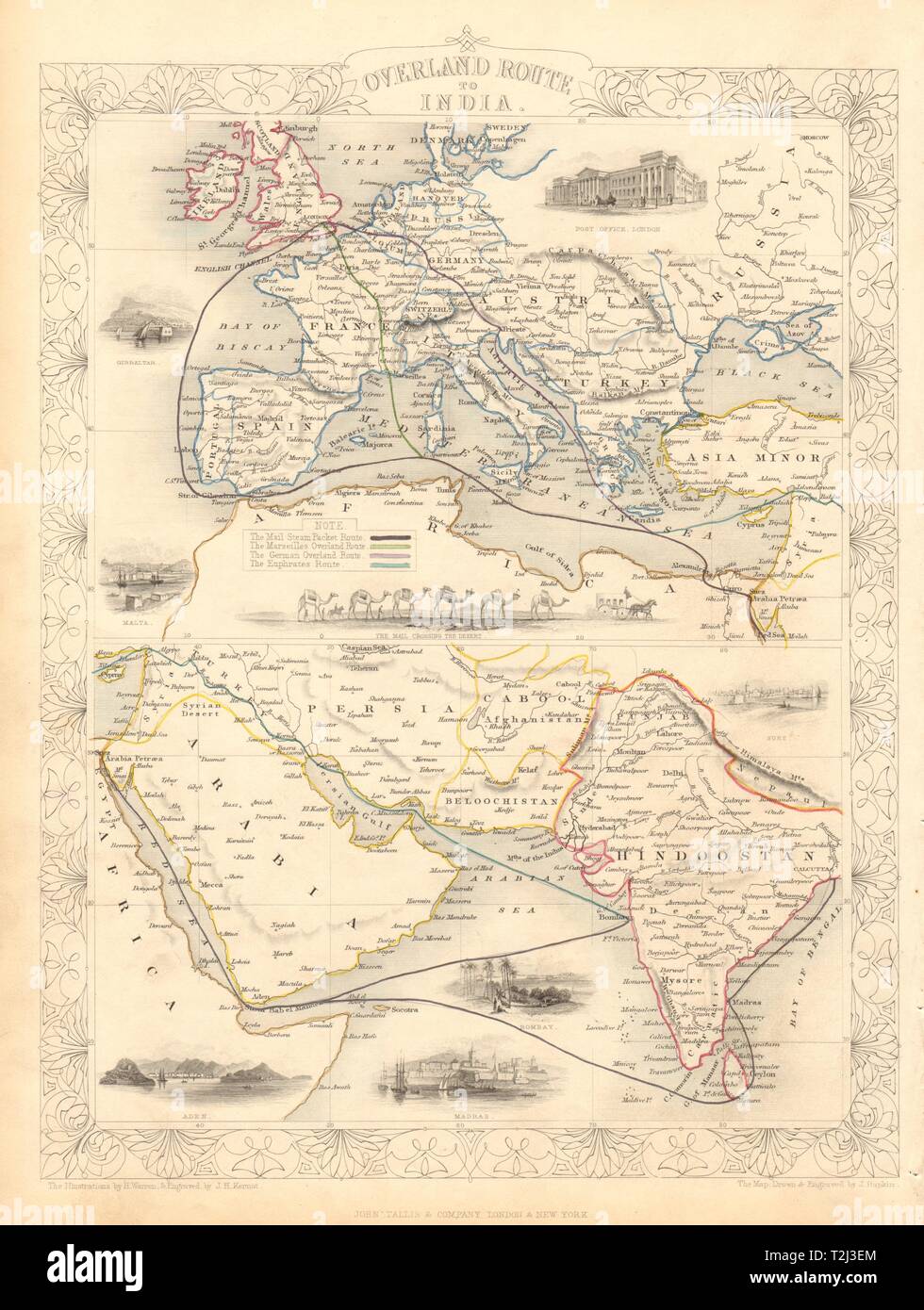 Landweg nach Indien. Schiff Frankreich Deutschland Euphrat. TALLIS & RAPKIN 1851 Karte Stockfoto