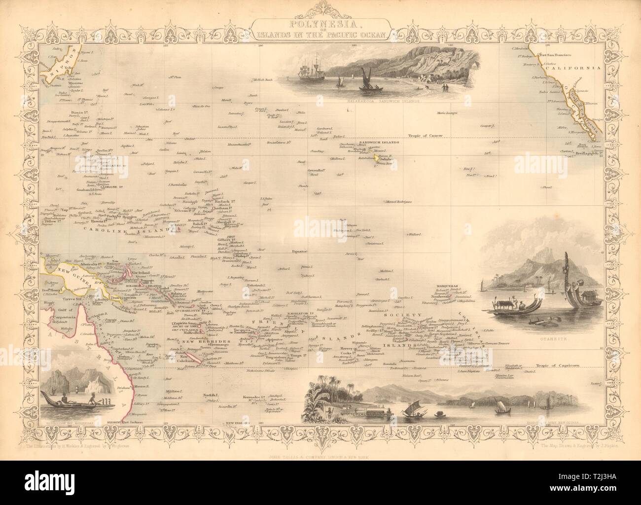 Polynesien/PAZIFISCHE INSELN. Inkl Sandwich/Hawaiianischen Inseln. RAPKIN/TALLIS 1851 Karte Stockfoto