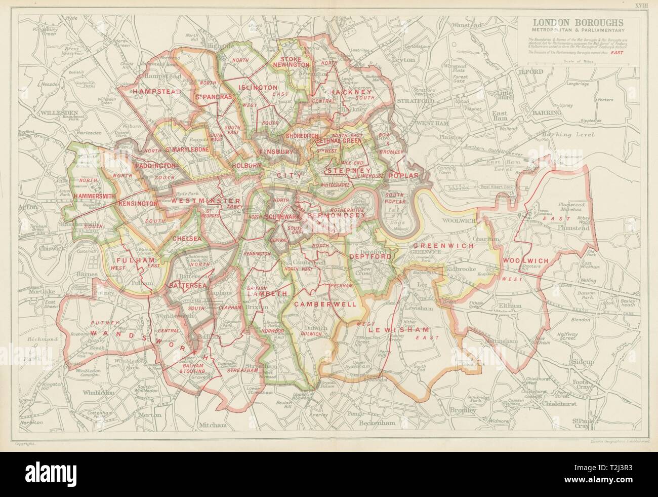 LONDON BOROUGHS. Metropolitan & Parlamentarischen. Consistiuencies. Speck 1934 Karte Stockfoto