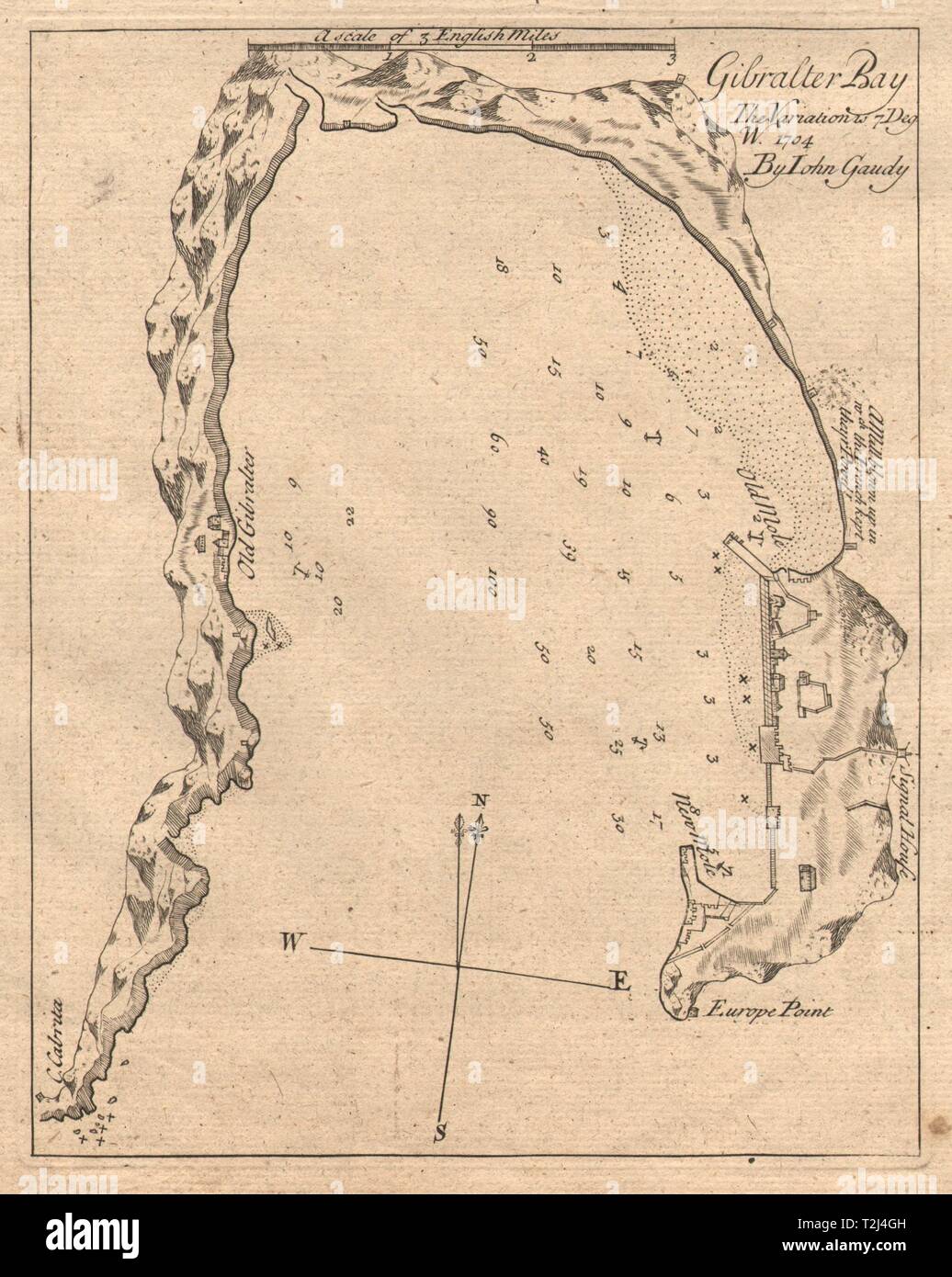 'Gibraltar Bay". Gibraltar und Algeciras, von John bunt. Seekarte 1747 alte Karte Stockfoto