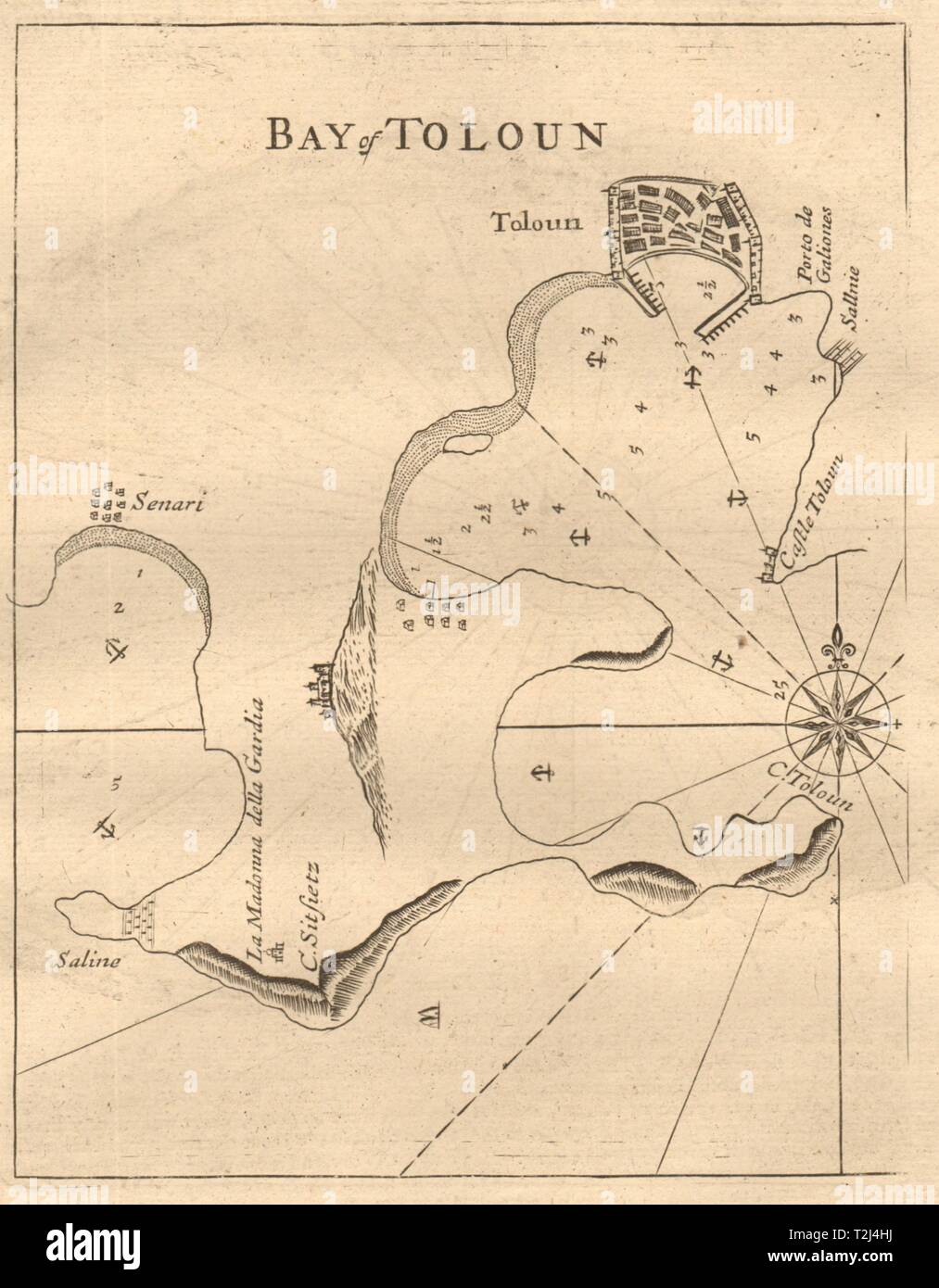 "Bucht von Toloun'. Toulon. Sanary-sur-Mer. Berg & Seite Seekarte 1747 alte Karte Stockfoto