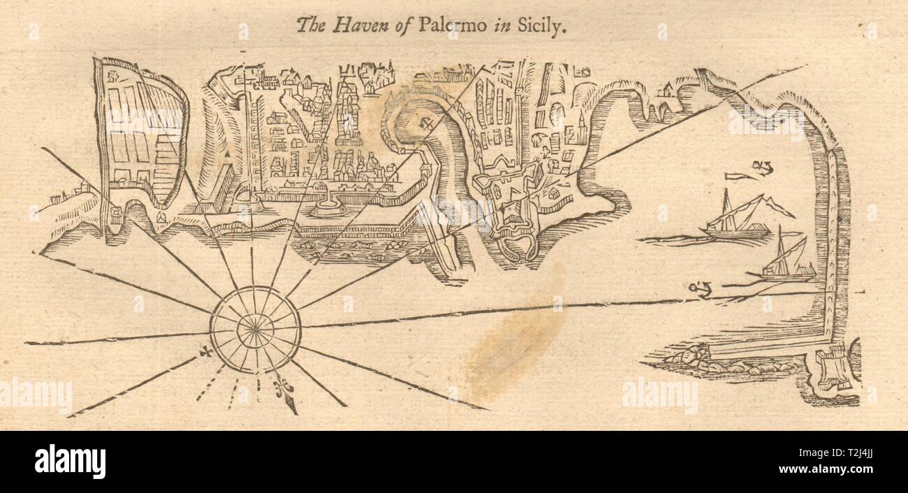 "Der Hafen von Palermo in Sizilien". Berg & Seite Seekarte & Stadt Plan 1747 Karte Stockfoto