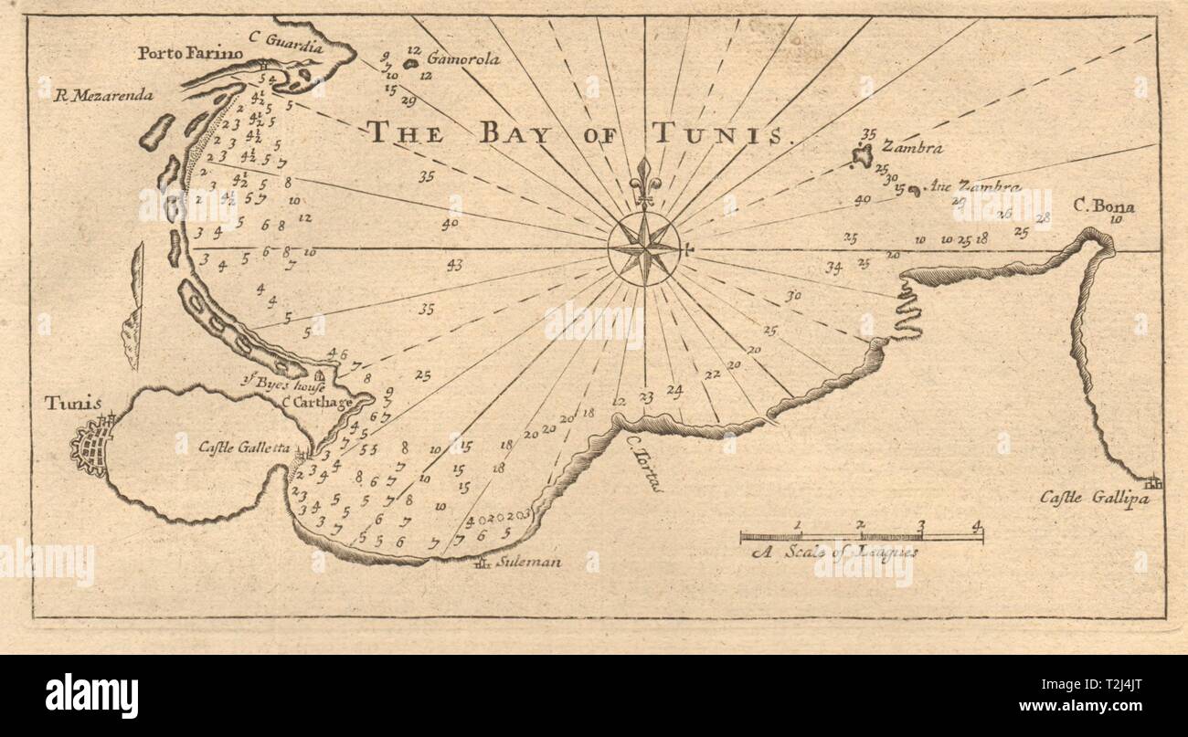 "Die Bucht von Tunis. Karthago. Tunesien. Berg & Seite Seekarte 1747 alte Karte Stockfoto