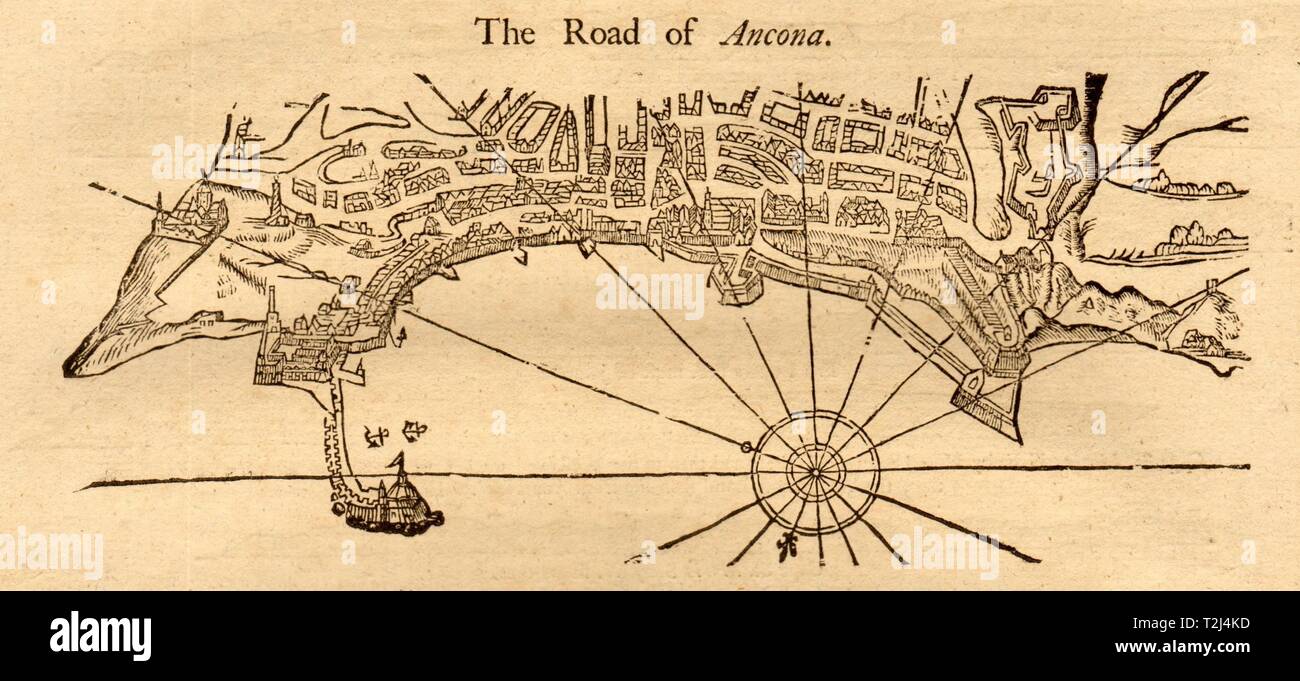 "Der Weg von Ancona. Italien. Berg & Seite Seekarte & Stadt Plan 1747 alte Karte Stockfoto
