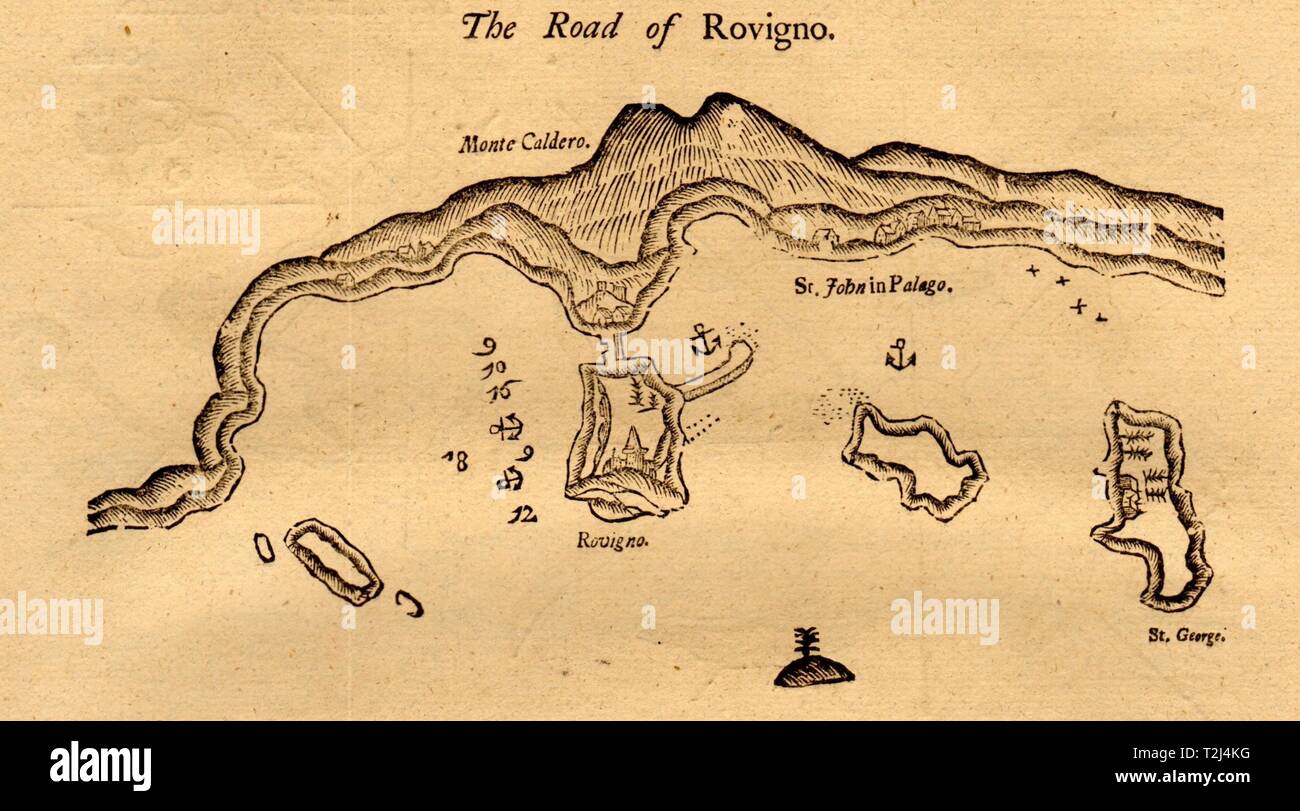 "Die Straße der Rovigno'. Rovinj, Kroatien. Berg & Seite Seekarte 1747 alte Karte Stockfoto