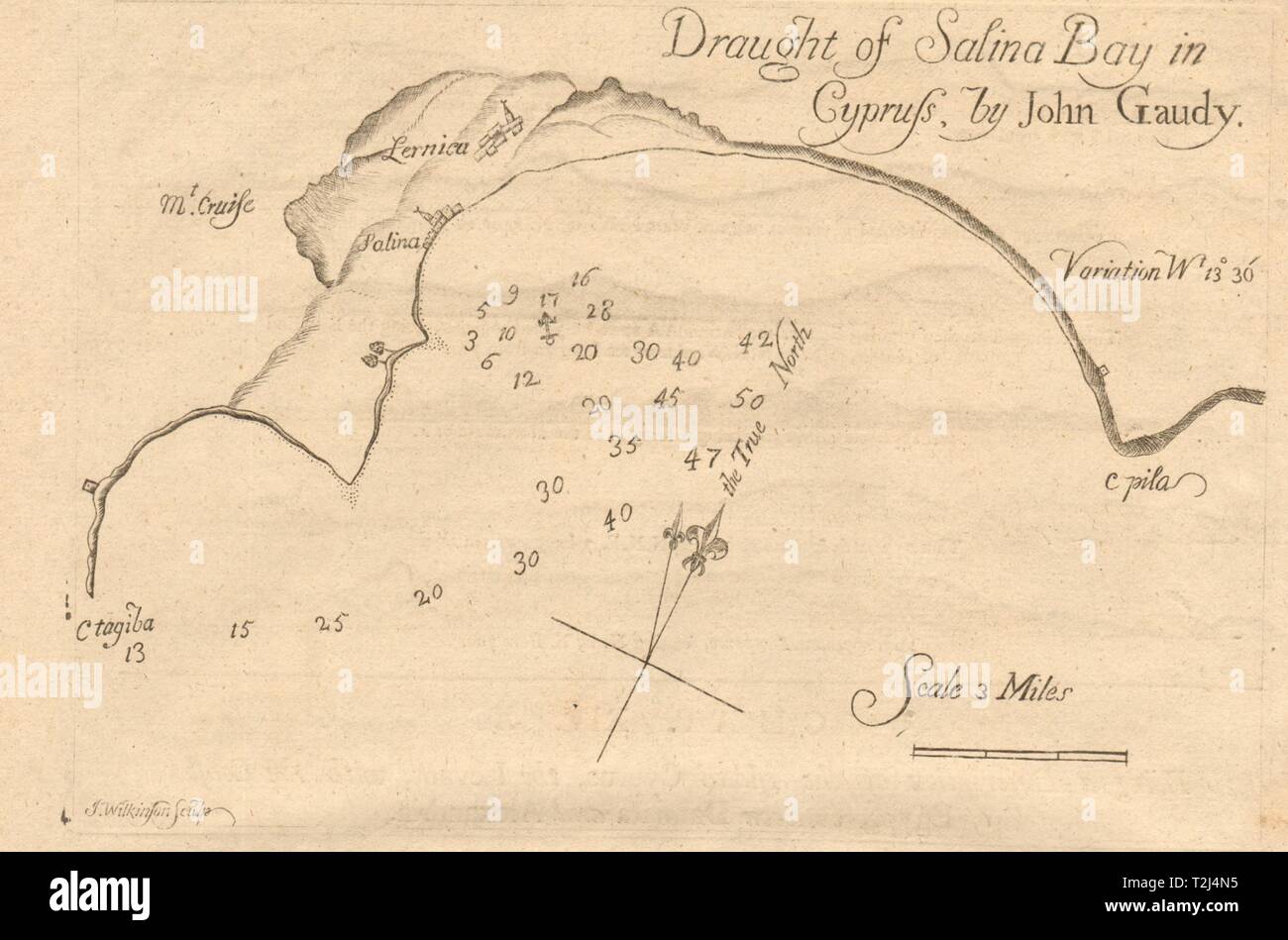 'Draught der Salina Bay in Die'. Die Bucht von Larnaca. John GAUDY Seekarte 1747 Karte Stockfoto