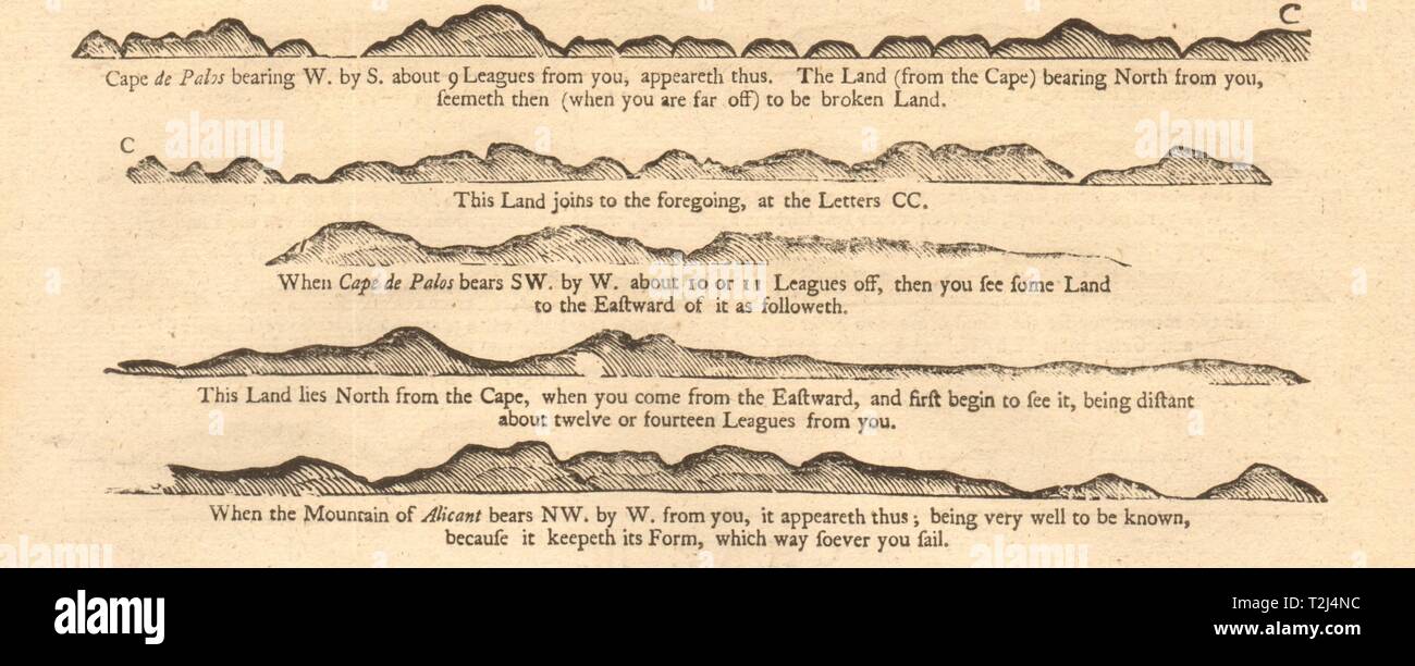 Spanien Küste Profil Cabo de Palos bis Alicante. Berg & SEITE 1747 alte Karte Stockfoto