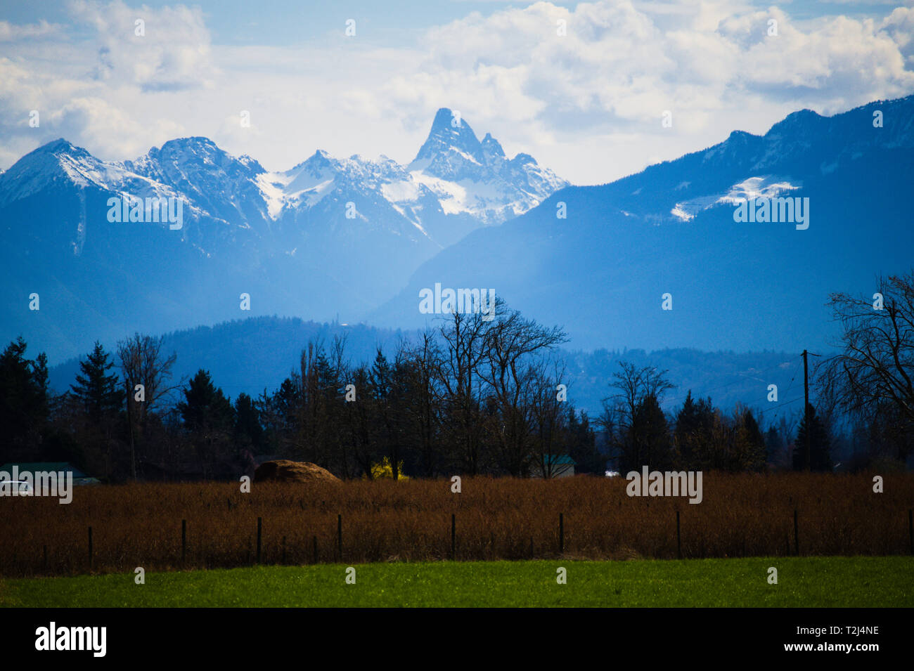 Die Berge an der Küste von British Columbia überblicken Farmen im Central Fraser Valley in Dewdney, Mission, British Columbia, Kanada Stockfoto