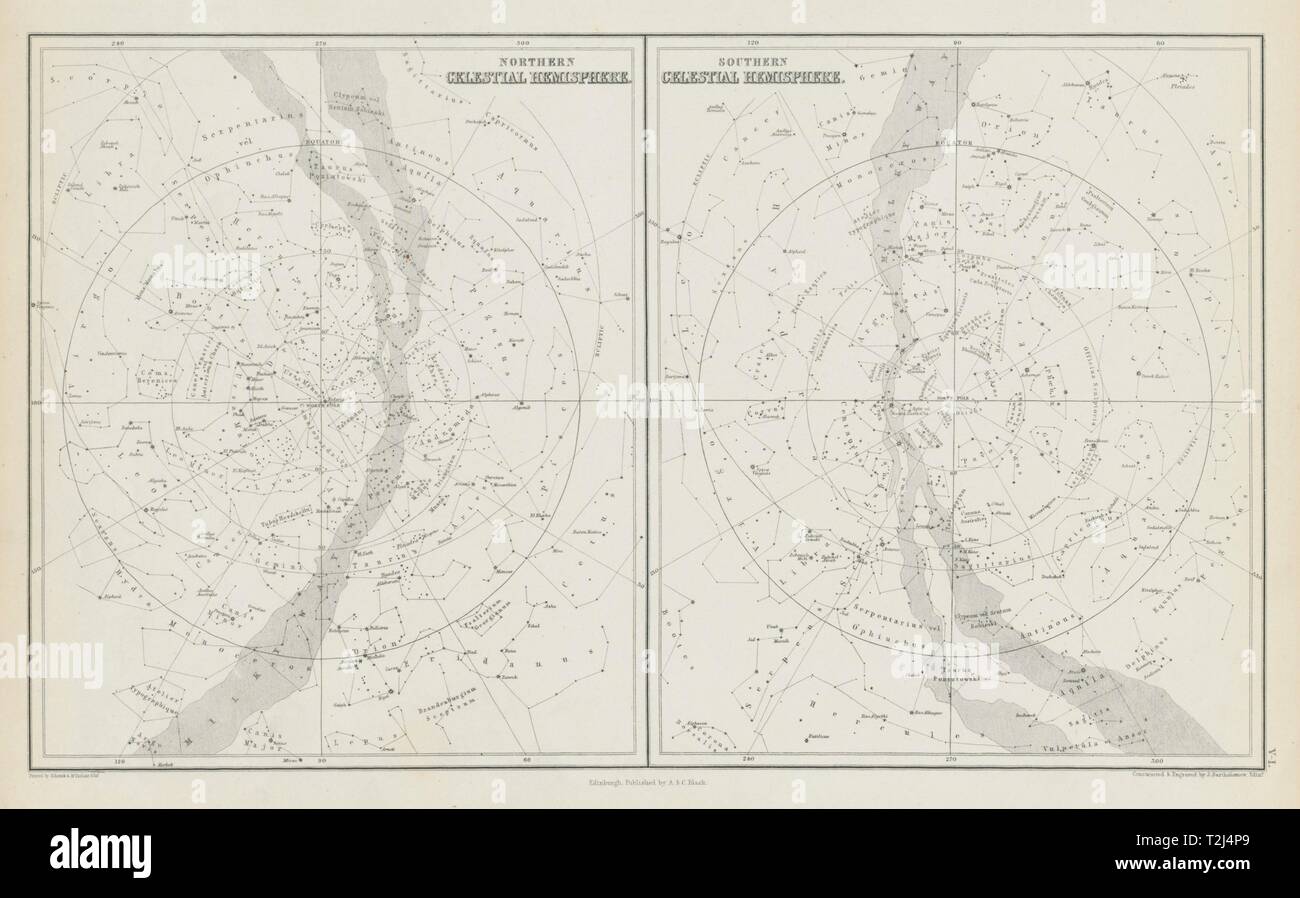 Star Maps. Norden & Süden Celestial Hemisphären. JOHN BARTHOLOMEW 1856 Stockfoto
