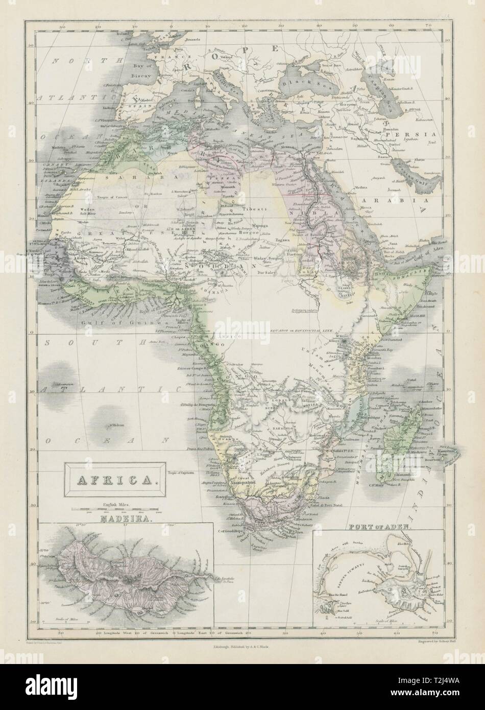 Frühen kolonialen Afrika. Inset Madeira & Aden. SIDNEY HALL 1856 alte antike Karte Stockfoto