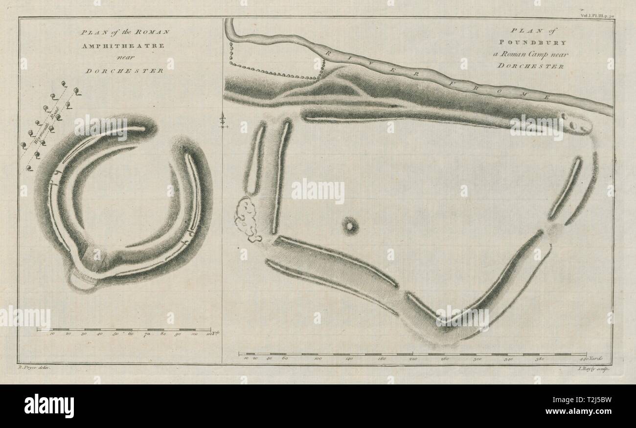 Dorchester. Maumbury Rings. Poundbury Roman Camp Hill fort. Grundriss 1789 Karte Stockfoto