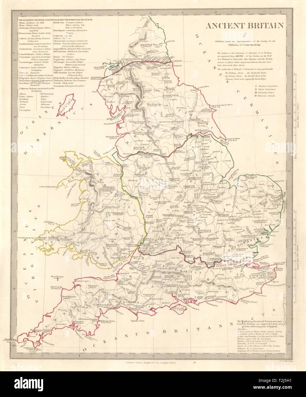 Alte Großbritannien. England & Wales. Römische Straße Stadt Namen. Ptolemäus SDUK 1845 Karte Stockfoto