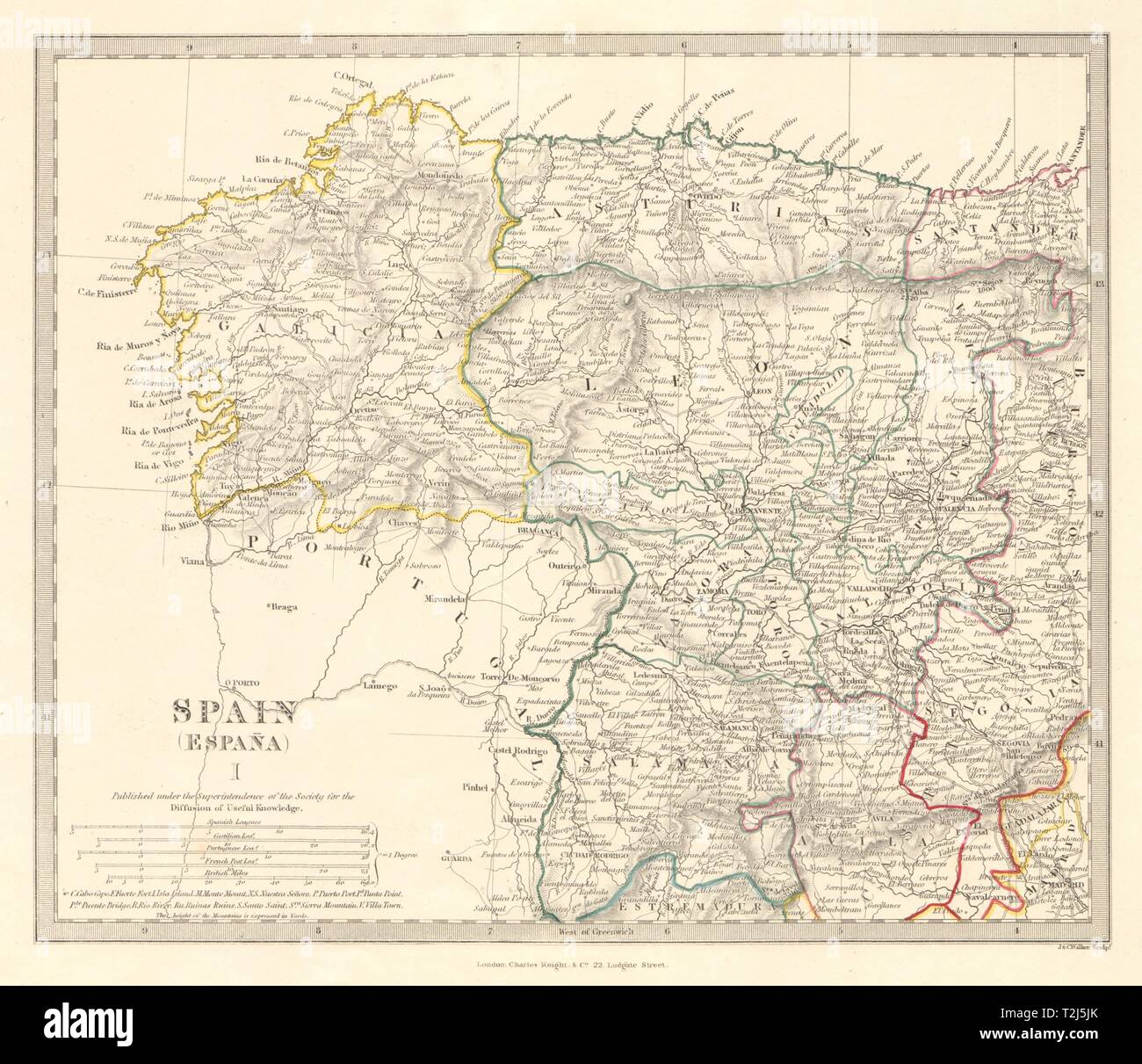 Spanien NW. Galicien Asturien Leon Palencia Toro Zamora Salamanca. SDUK 1845 Karte Stockfoto