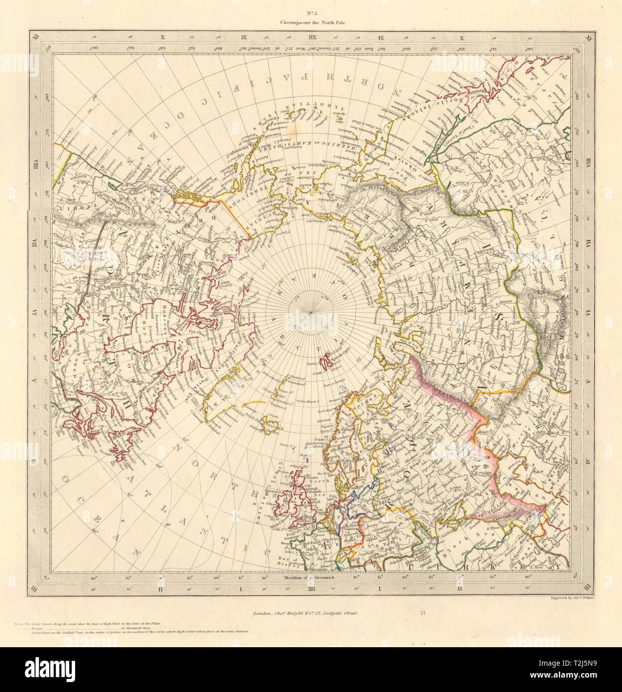 Nordpol ARKTIS. bis 45˚N Latitude. Alaska als russisches Territorium. SDUK 1846 Karte Stockfoto