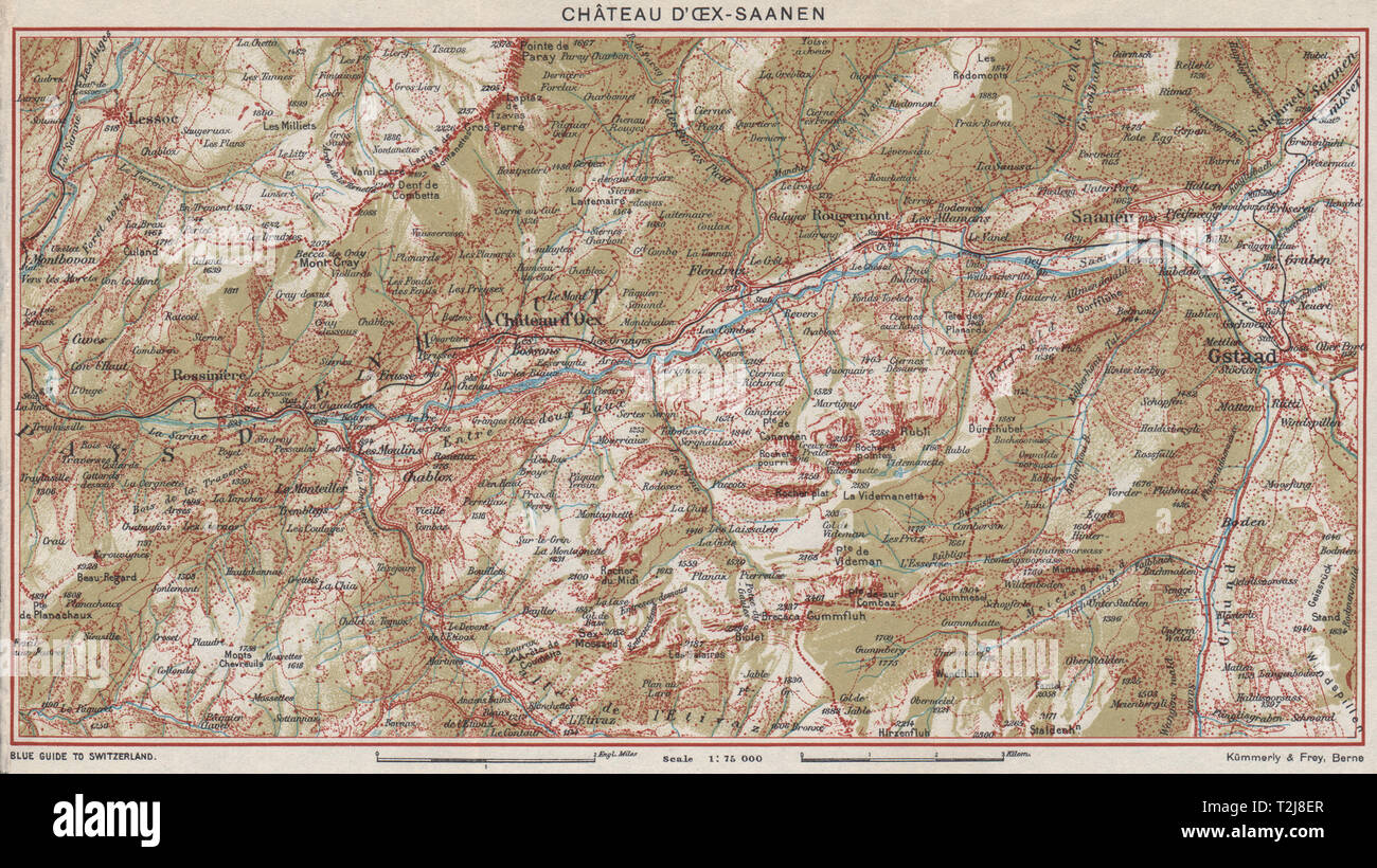 Obere Saane / Sarine Tal Vallée. Château d'Oex Gstaad Saanen. Waadt Bern 1948 Karte Stockfoto