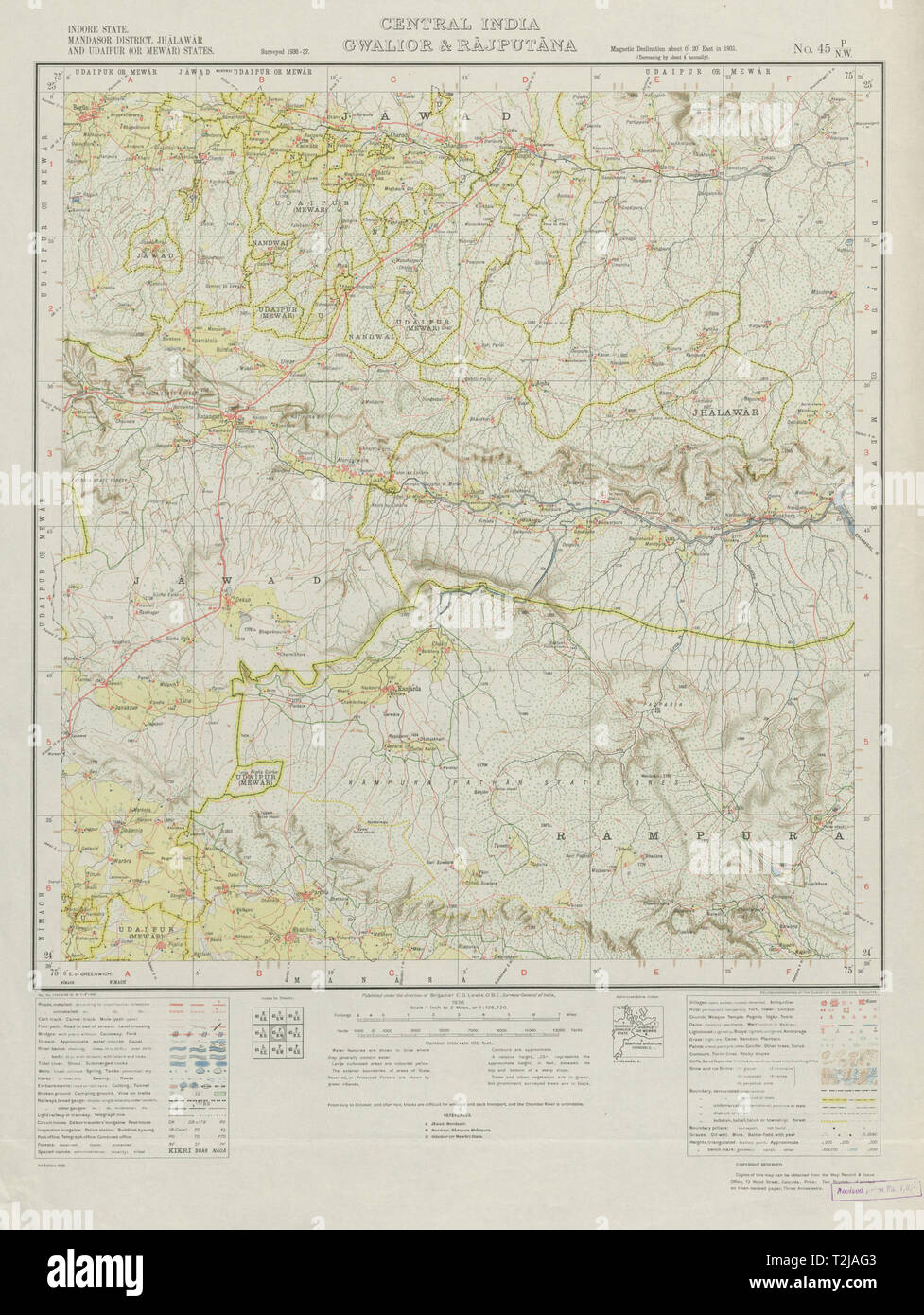 Übersicht von Indien 45 P/NW Rajasthan, Madhya Pradesh Ratangarh Singoli 1938 Karte Stockfoto