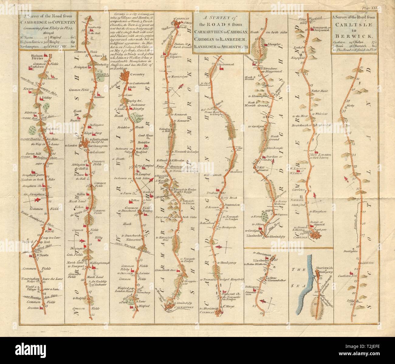 Straße Strip Landkarte. Northampton-Coventry Aberystwyth Carlisle. Hinton 1765 alte Stockfoto