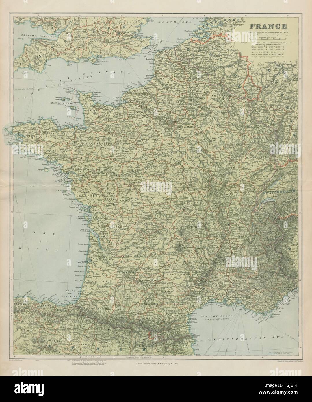 Frankreich Physisch Berge Und Flusse Gross 66 X 55 Cm Stanford 1904 Alte Karte Stockfotografie Alamy