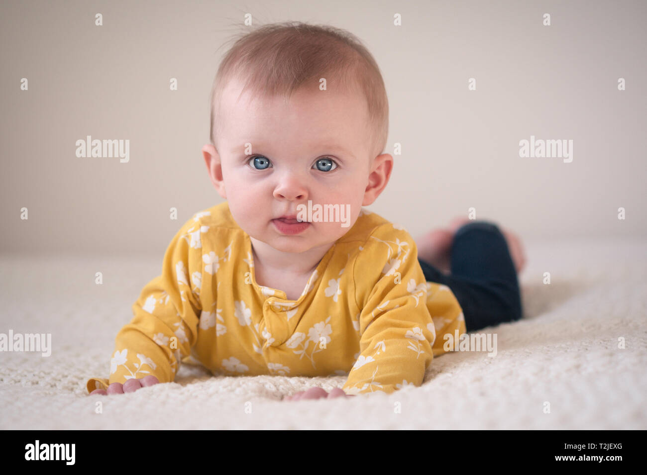 Nettes 8 Monate altes Baby Mädchen mit schönen blauen Augen tun Bauch Zeit auf ihrem Bett der Eltern zu Hause. Stockfoto